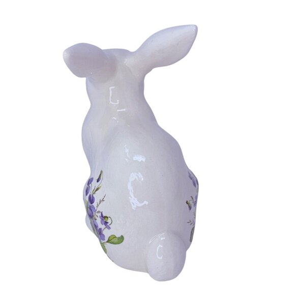 1980s Hand Painted White Rabbit Figurine Purple Violets Flowers Signed Ceramic - Picture 5 of 10